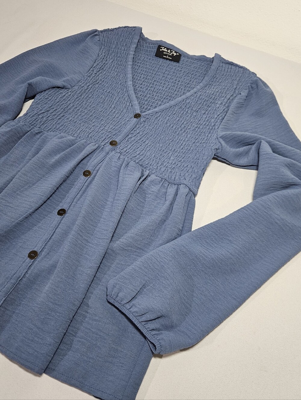 Jolie & Joy talbots Dusty Blue Smocked V-Neck